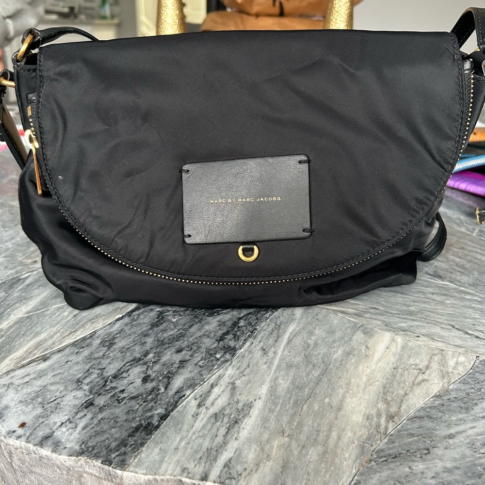 MARC By Marc Jacobs Black Purse Fold Over Crossbody Nylon Bag Gold Hardware